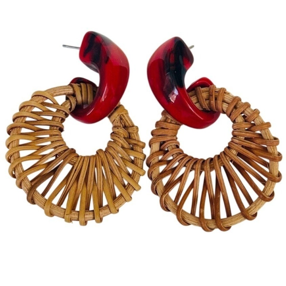 VTG Statement Red Lucite earrings Pierced Runway Dangle Wicker Woven Flashy 80s